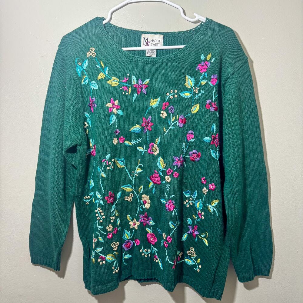 Vtg Maggie Sweet Floral Embroidered Knit Sweater Green Ramie Cotton Large 90s